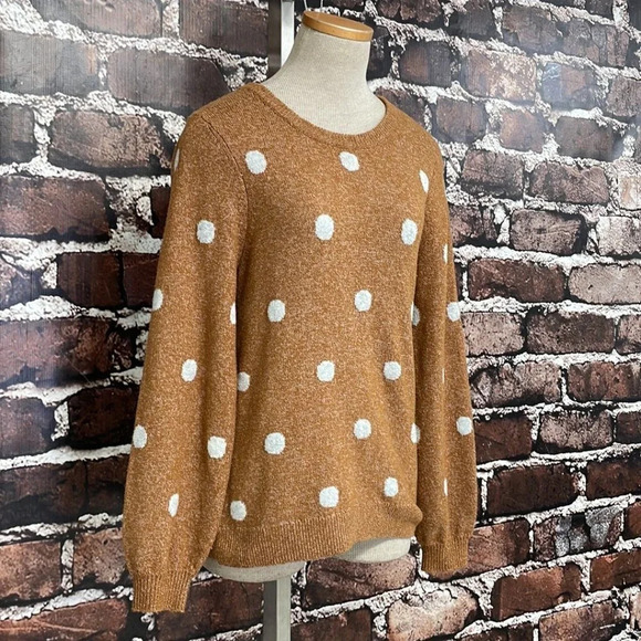 Lucky Brand Sweater Pullover Polka Dot Balloon Sleeves Brown White Size Small S - Picture 8 of 13